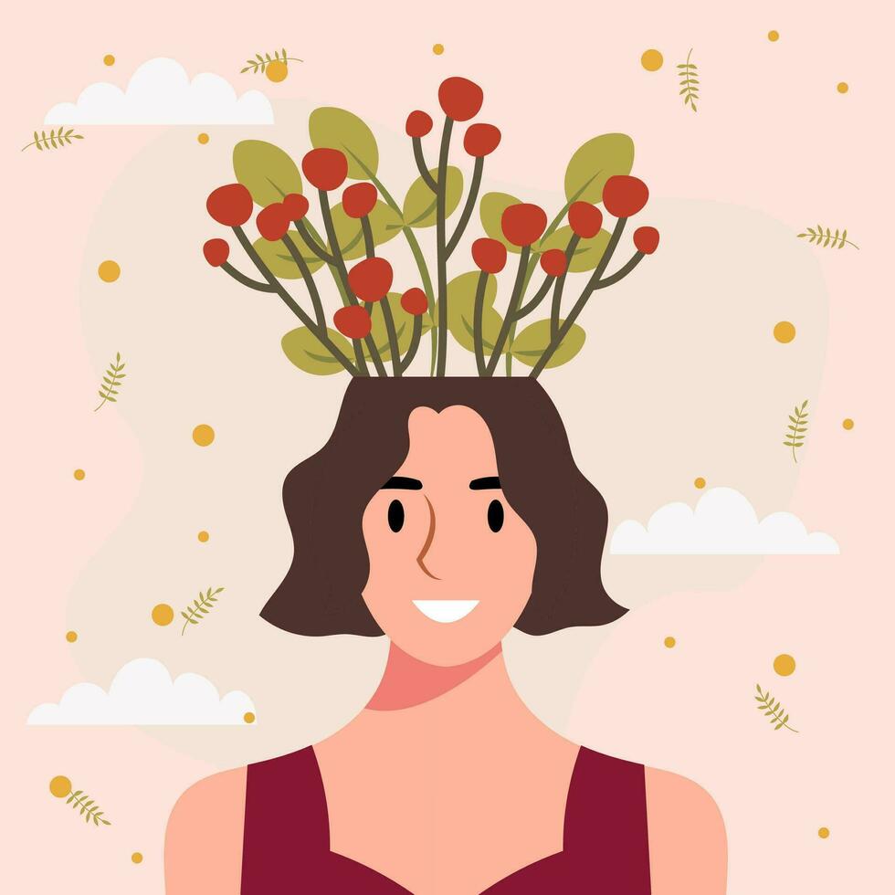 vlak ontwerp vector illustratie concept van vrouw met bloemen in haar hoofd.