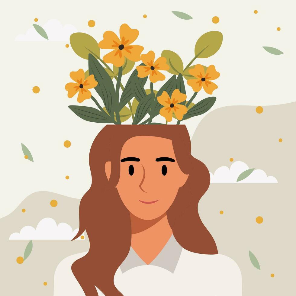 vlak ontwerp vector illustratie concept van vrouw met bloemen in haar hoofd.