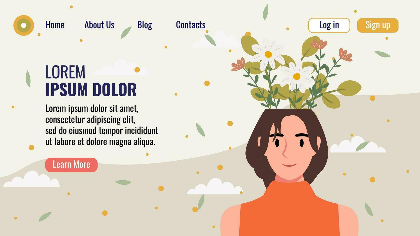 vlak ontwerp website landen bladzijde sjabloon met een portret van een vrouw met een boeket van bloemen. mentaal Gezondheid concept. vector illustratie.