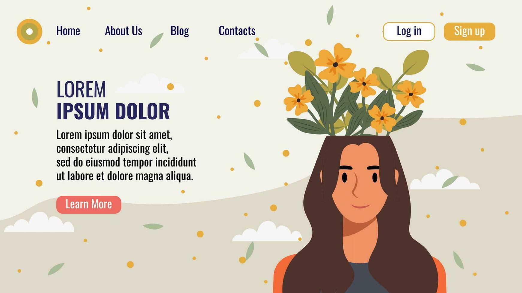 vlak ontwerp website landen bladzijde sjabloon met een portret van een vrouw met een boeket van bloemen. mentaal Gezondheid concept. vector illustratie.