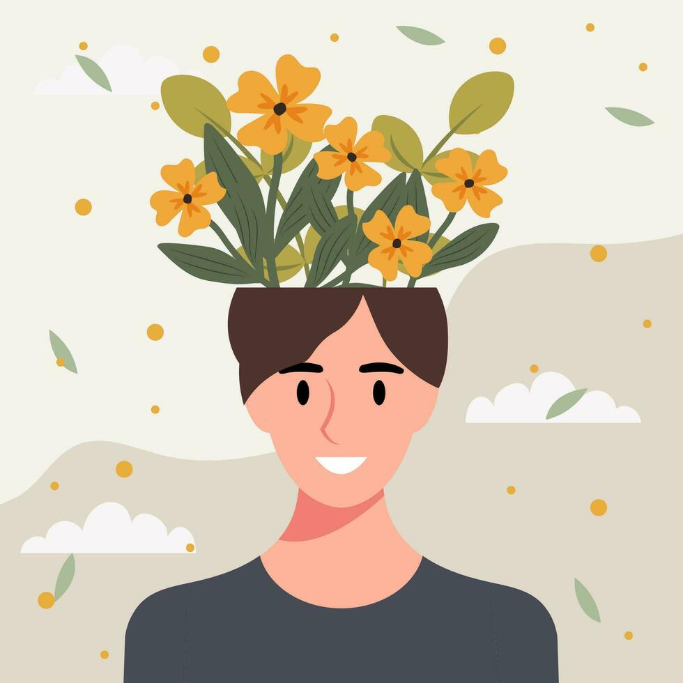 vlak ontwerp vector illustratie concept van vrouw met bloemen in haar hoofd.