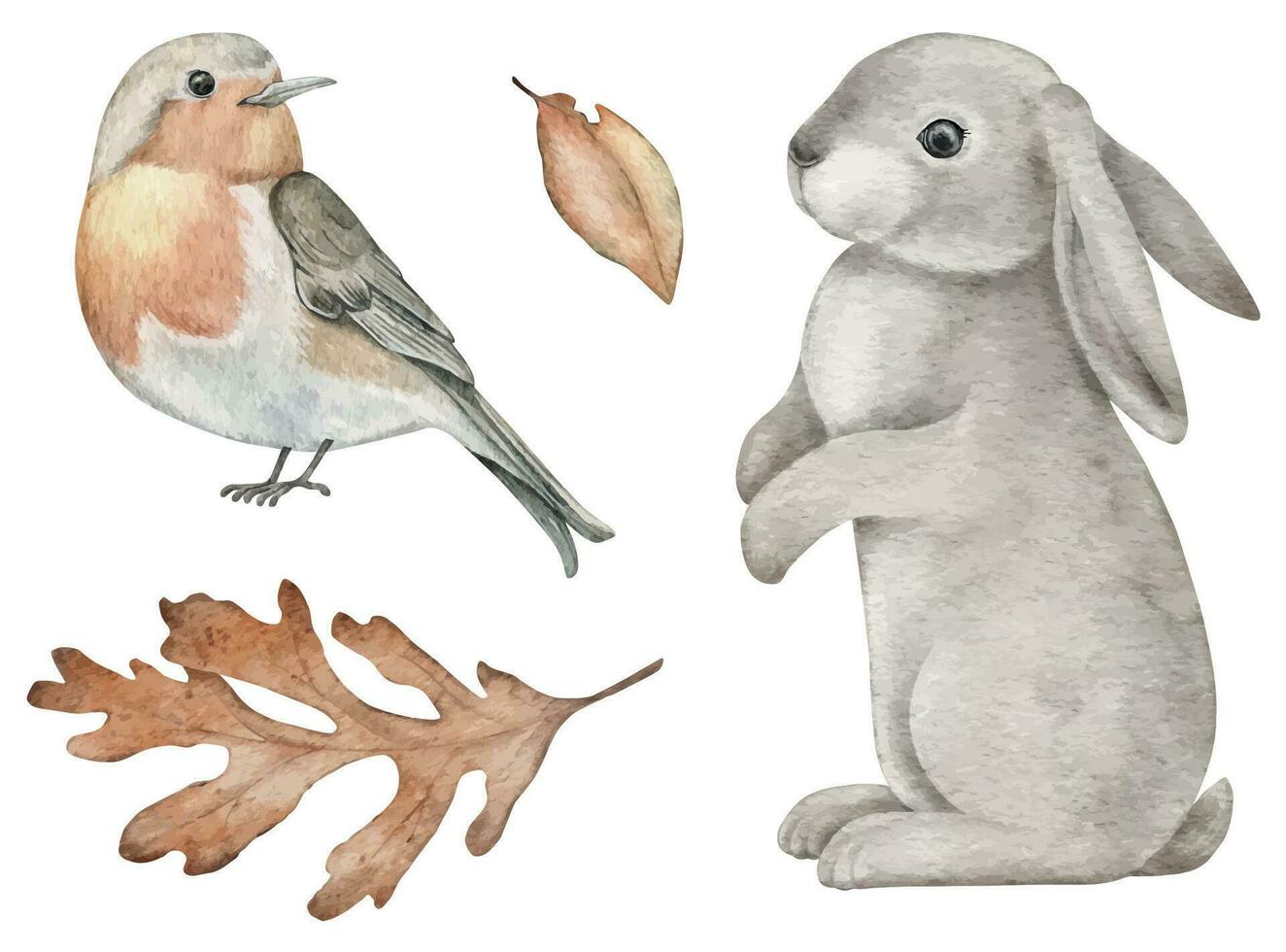 waterverf bos- ontwerp element. handtekening dieren, bladeren. vogel, konijn voor muur stickers, affiches, uitnodiging en groet kaarten. vector