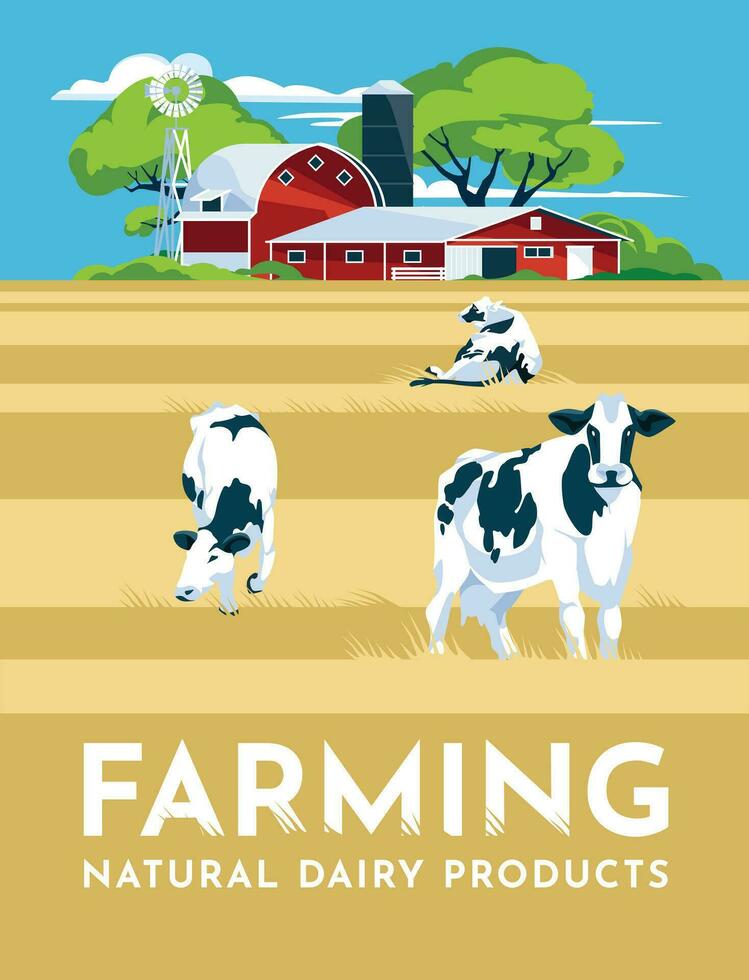 vee boerderij en landbouw concept. traditioneel huis met schuur. poster. vector vlak illustratie