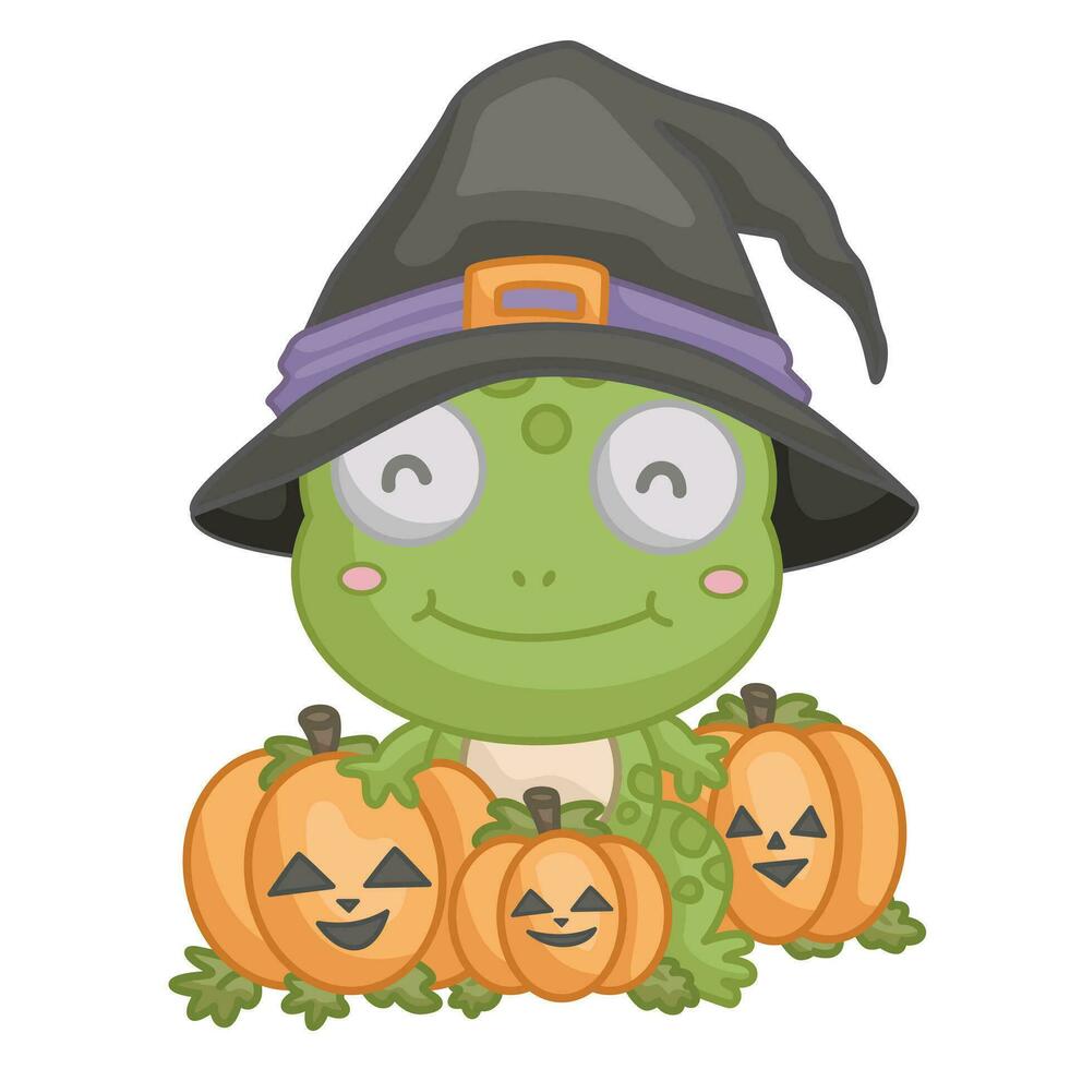 schattig heks halloween kikker tekenfilm illustratie vector clip art sticker