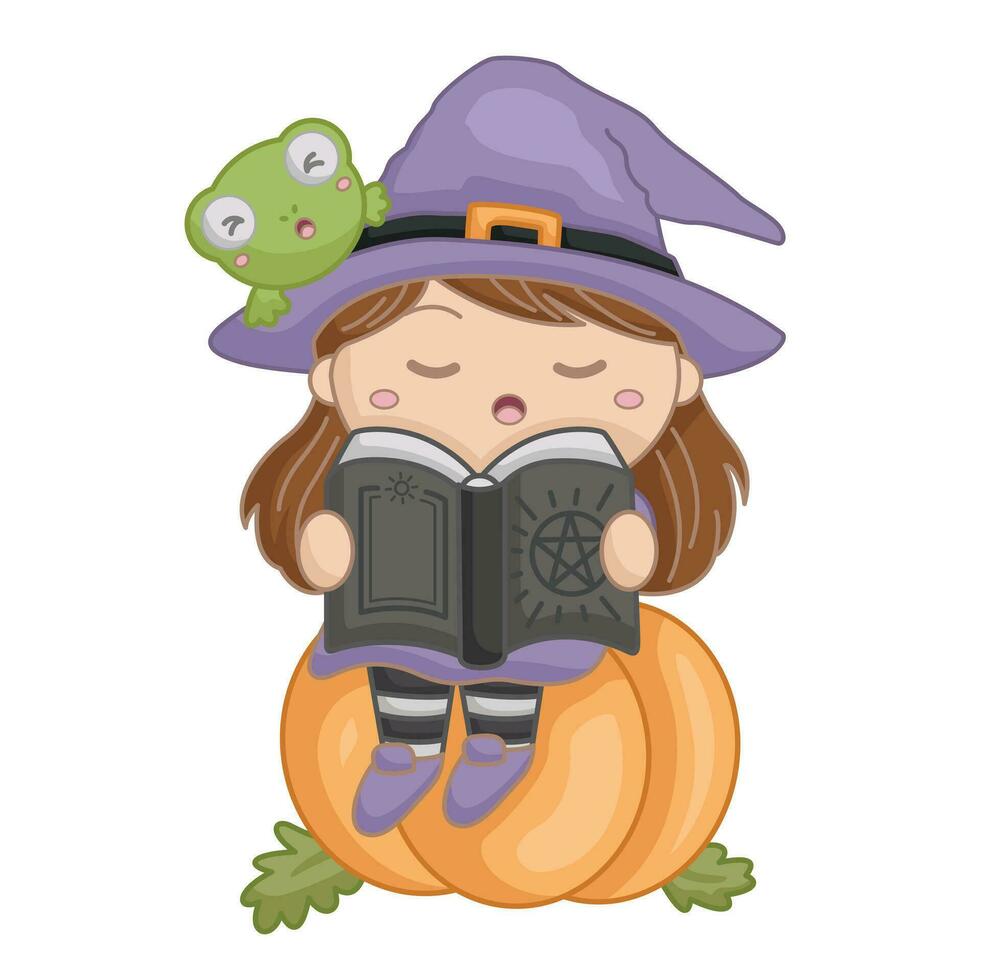 schattig heks halloween kinderen en kikker tekenfilm illustratie vector clip art sticker