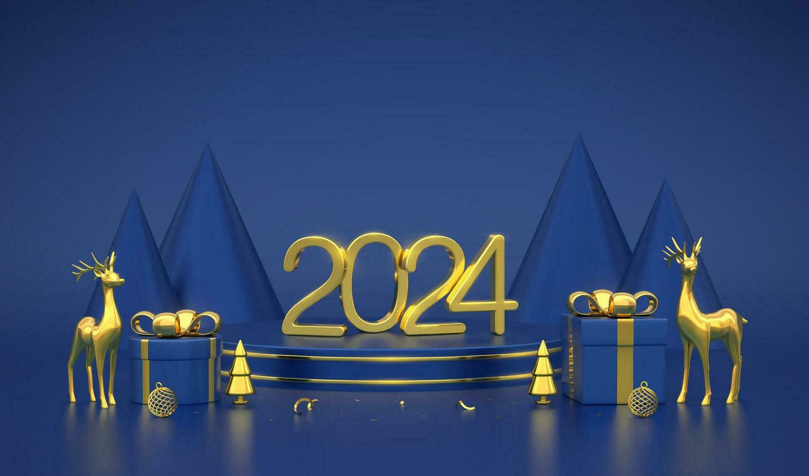 gelukkig nieuw 2024 jaar. 3d gouden metalen getallen 2024 Aan blauw stadium podium. tafereel, ronde platform met geschenk dozen, realistisch gouden herten, ballen, metalen pijnboom net bomen Aan blauw achtergrond. vector. vector