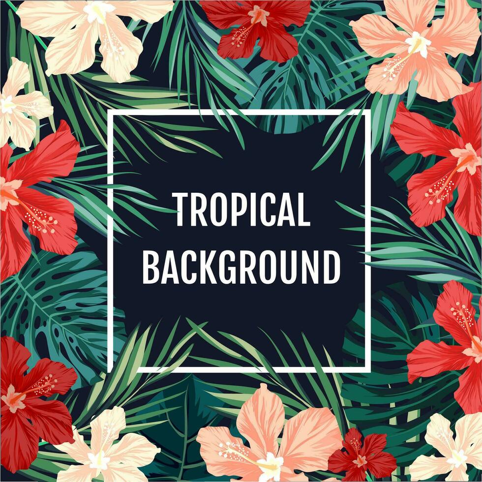 zomer tropisch hawaiiaans achtergrond met palm boom bladeren en exotisch bloemen vector