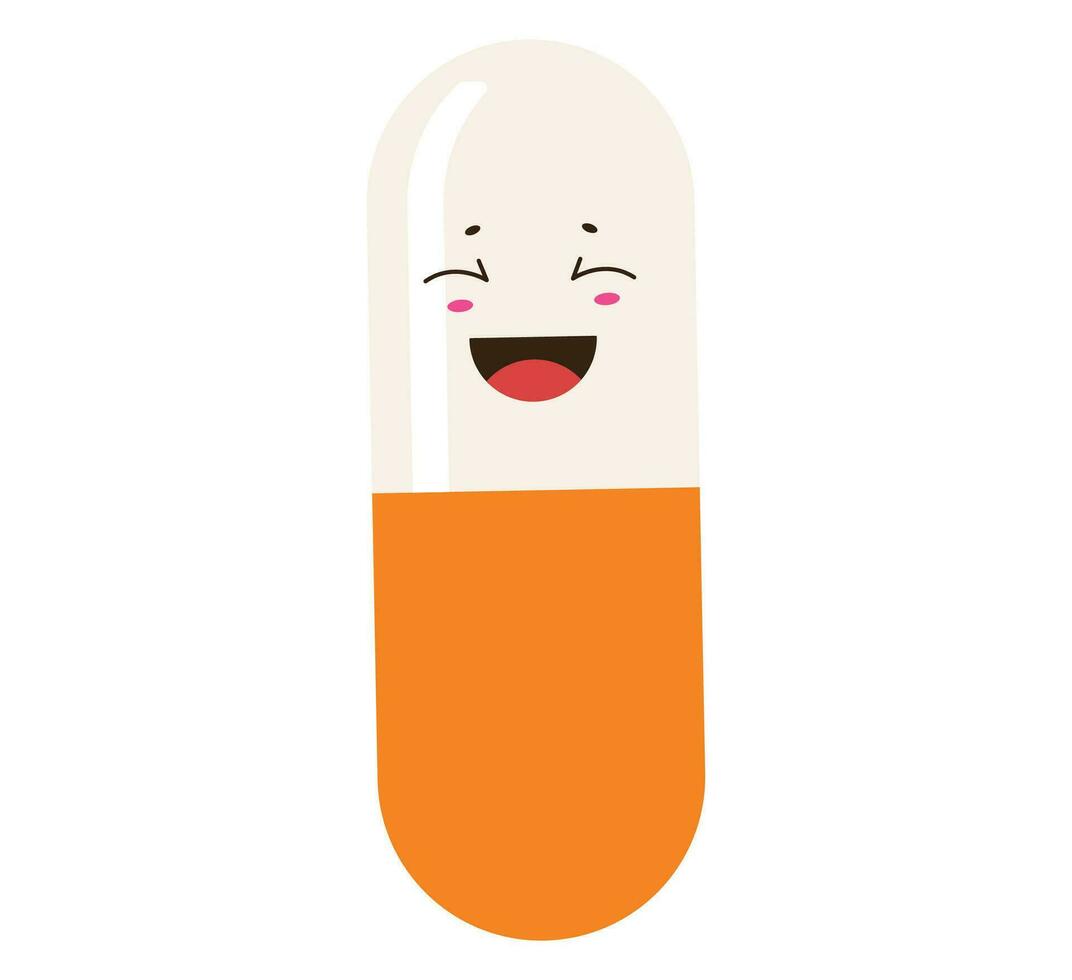 grappig genezing pillen. glimlachen tekenfilm pillen en capsules met harten lachend pijnstillers antibiotica grappig coronovirus behandeling kleur vector Gezondheid.