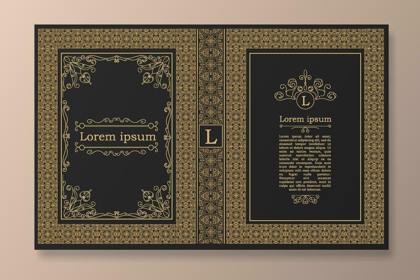 wijnoogst middeleeuws boek omslag. geopend folio met decoratief ornamentiek en ornamenten antiek ontwerp verfraaid met gouden abstract bloemen vector wendingen.