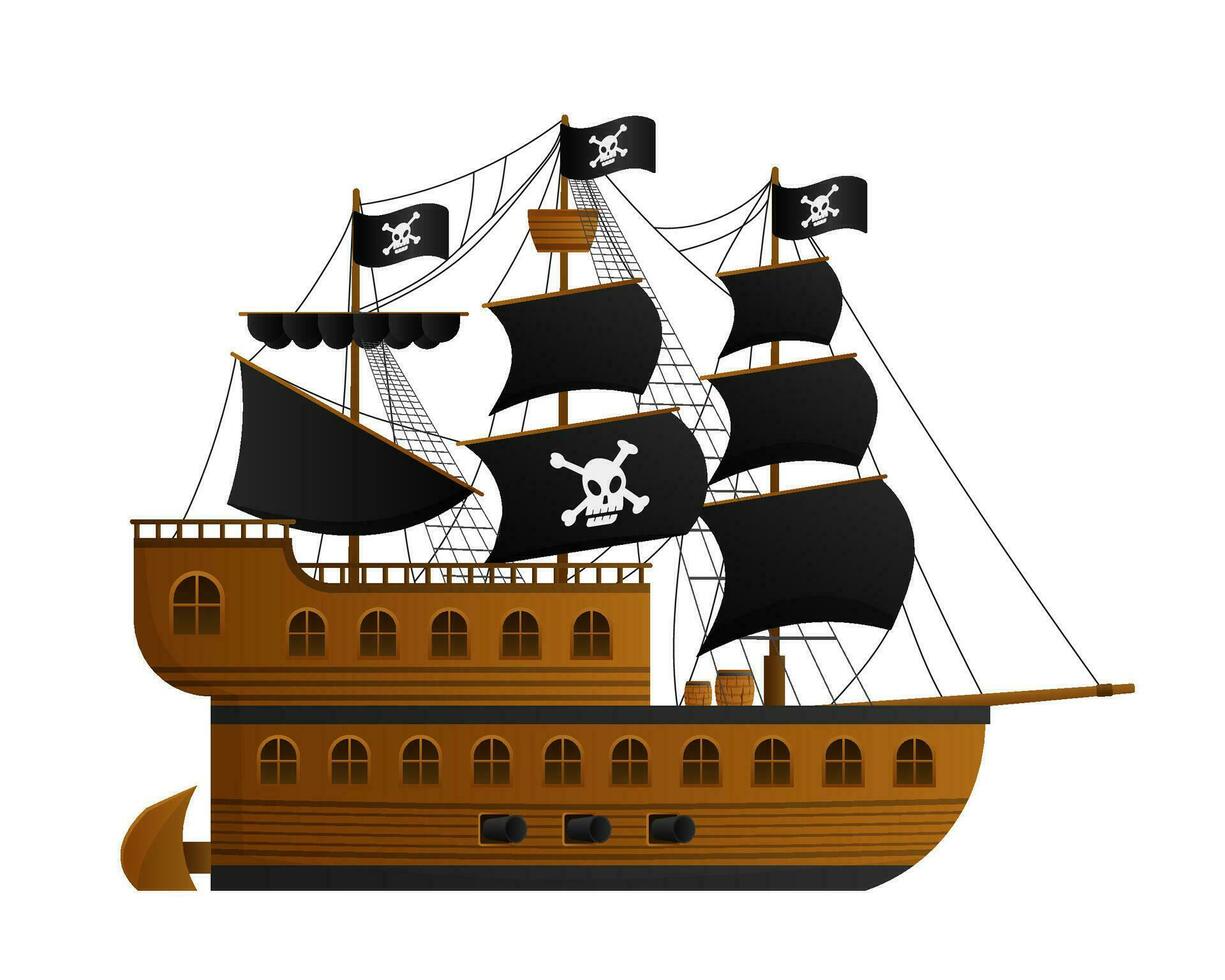 tekenfilm piraat schip. houten zeerover caravel het zeilen onder zwart zeilen met schedel en gekruiste beenderen vlag gevaarlijk schoener naar vastleggen vector schepen.