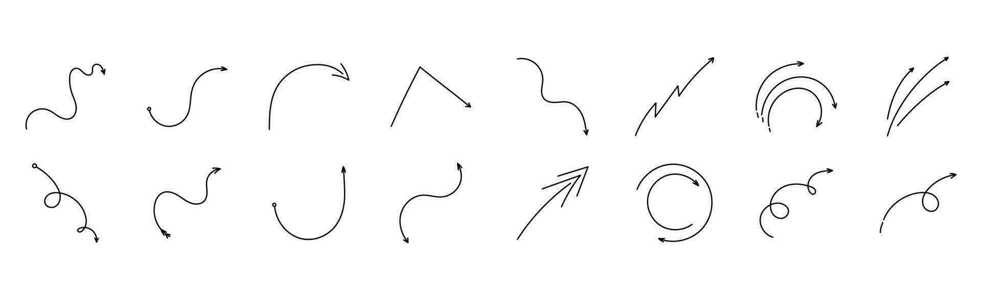 zwart kronkelend en draaien pijlen icoon set. wegwijzer beweging en minimalistisch afstand symbool met schets ontwerp voor grafisch vector decor