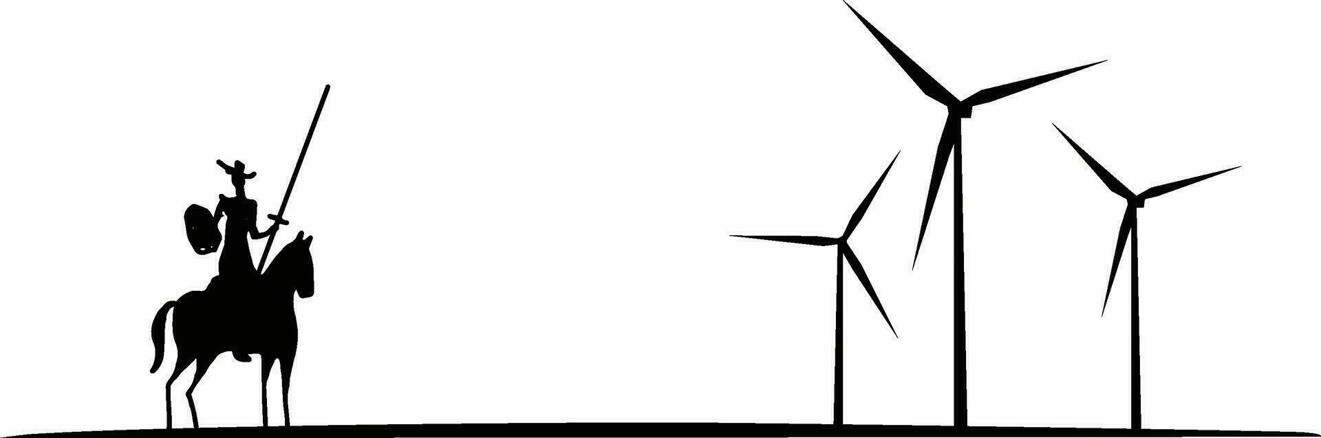 modern don Quichot strijd achtervolgen denkbeeldig kwaad windmolens wind turbine silhouet t-shirt afdrukken vector