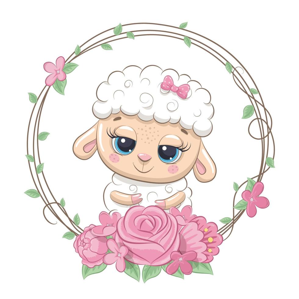 schattige zomer baby schapen met bloem crown.vector cartoon afbeelding. vector