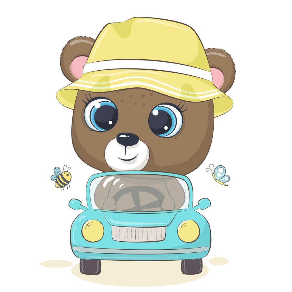 schattige beer die de auto bestuurt. cartoon vectorillustratie. vector