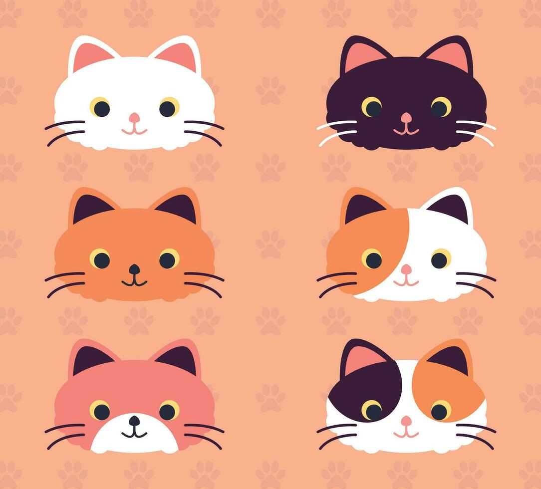 kat hoofd gezicht icoon set. katten hoofd vector. vector schattig kat gezichten. Internationale kat dag.