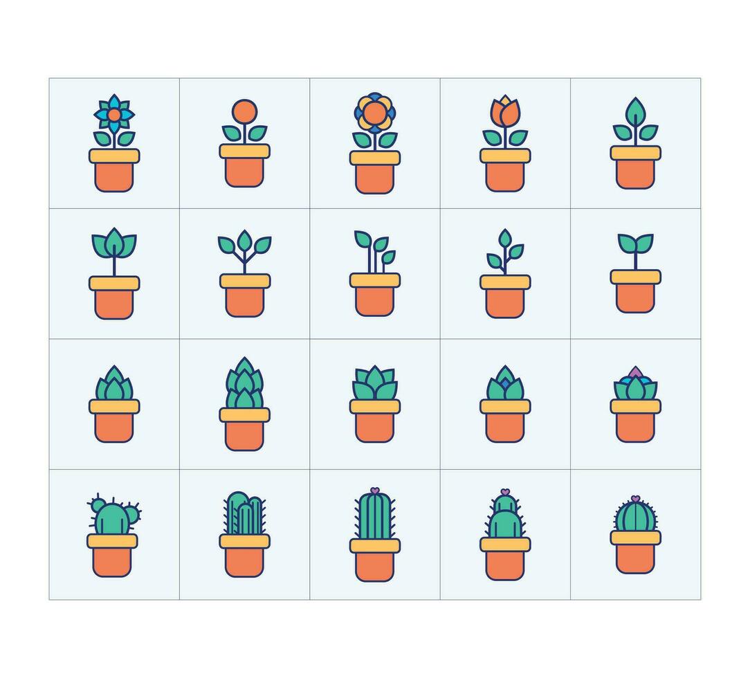 reeks bloemen planten en bloeiend cactus in potten. veel bloeiend planten en cactussen. planten en bloemen pictogrammen set. bloemen vlak pictogrammen. mooi tuin planten. vector