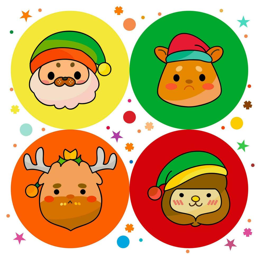 verzameling van de kerstman claus dier hoofden, schattig tekenfilm stijl, beer, rendier, luiaard, kleurrijk, Kerstmis vakantie, vector illustratie