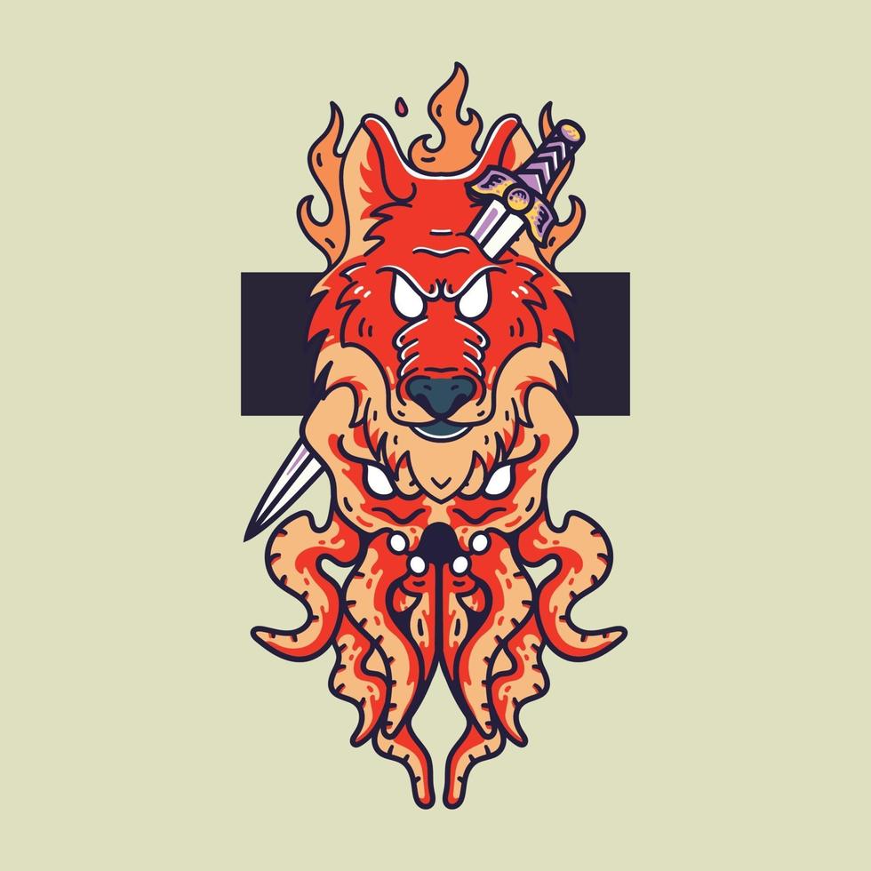 wolf vuur en octopus illustratie retro stijl voor t-shirt vector