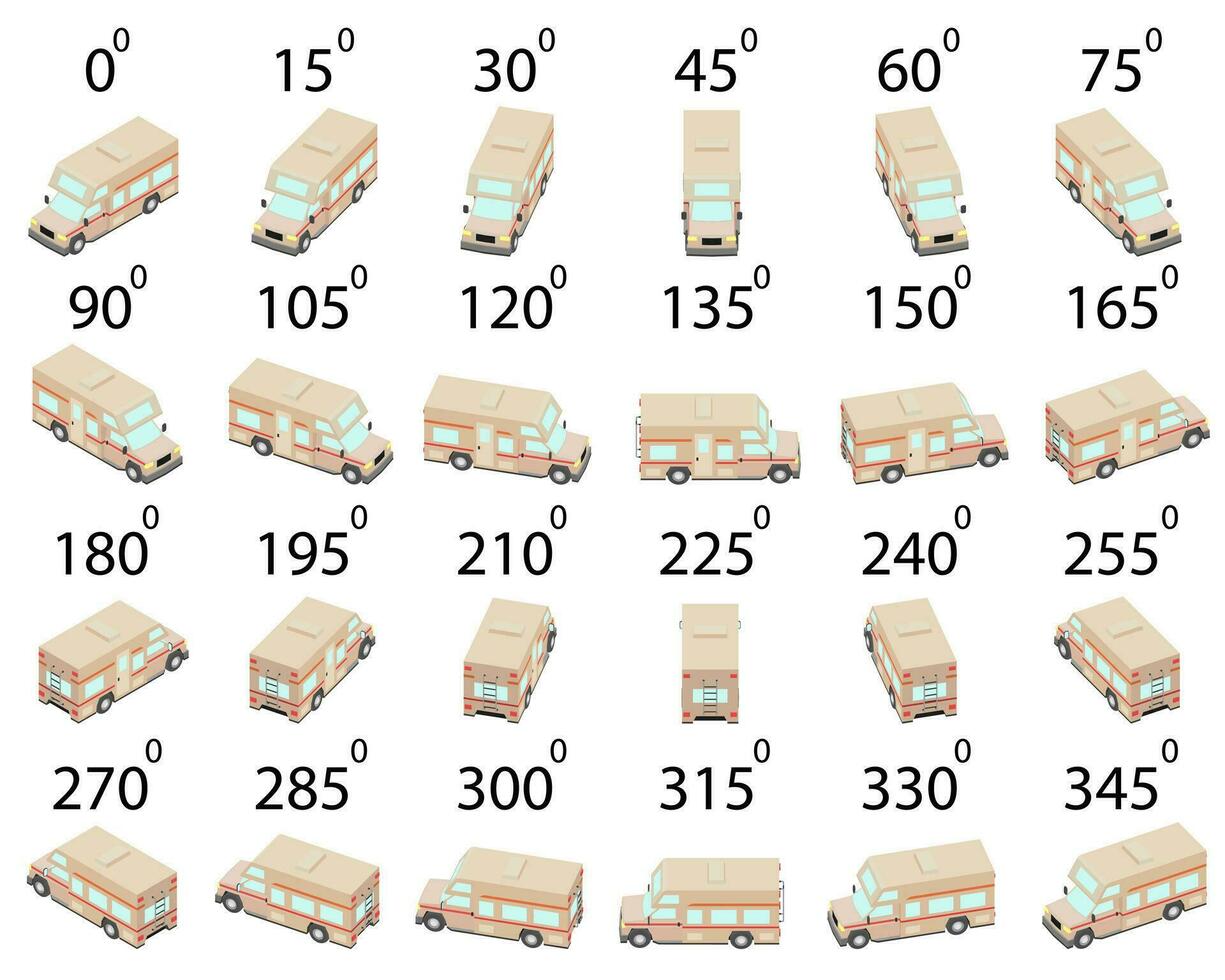 een reeks van 24 campers van verschillend hoeken. vector