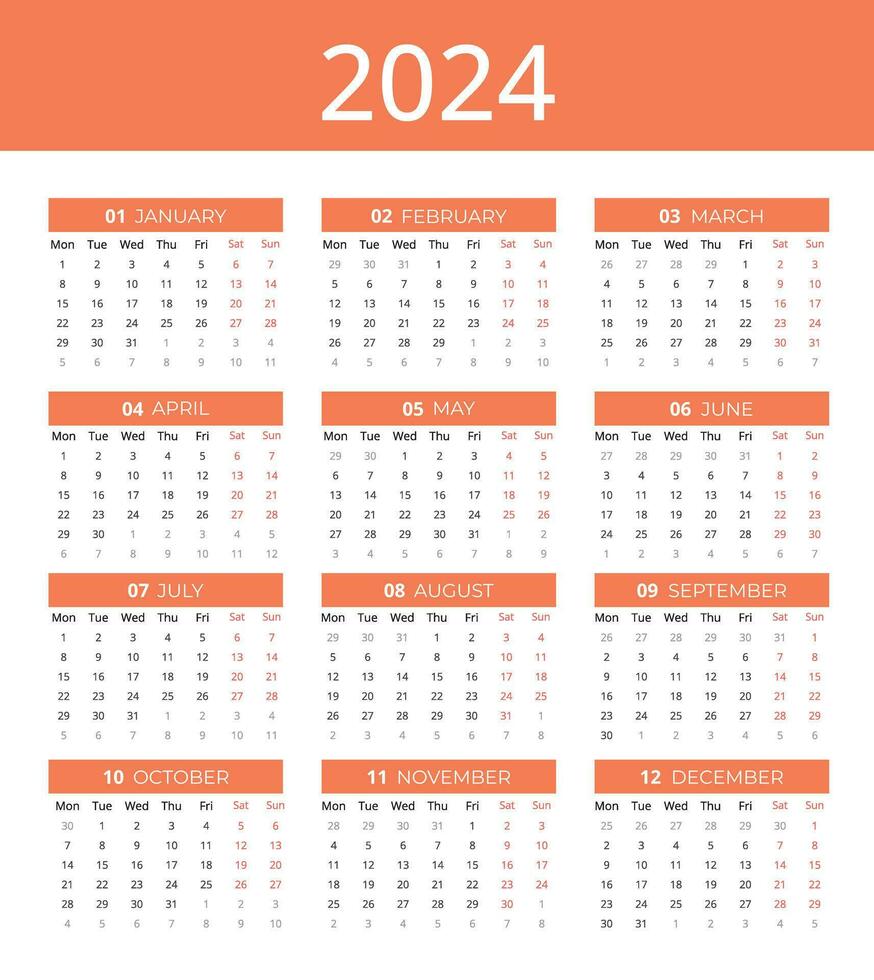 kalender voor 2024, kalender 2024 week beginnend maandag, gemakkelijk en professioneel vector 2024 kalender sjabloon naar maken uw nieuw jaar planning eenvoudig.