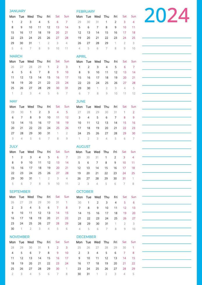 kalender voor 2024, verticaal roze blauw kalender 2024 week beginnend maandag, vector 2024 kalender sjabloon naar maken uw nieuw jaar planning gemakkelijk