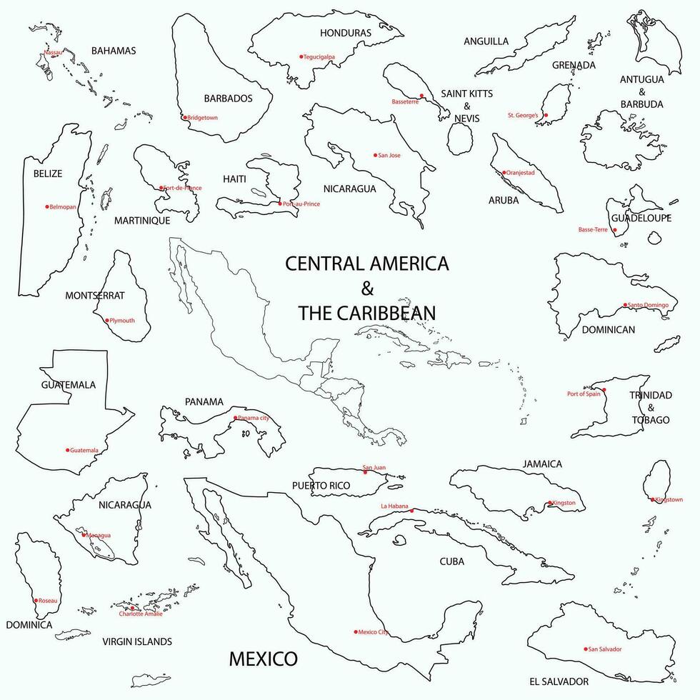 tekening uit de vrije hand tekening van centraal Amerika en de caraïben landen kaart. vector