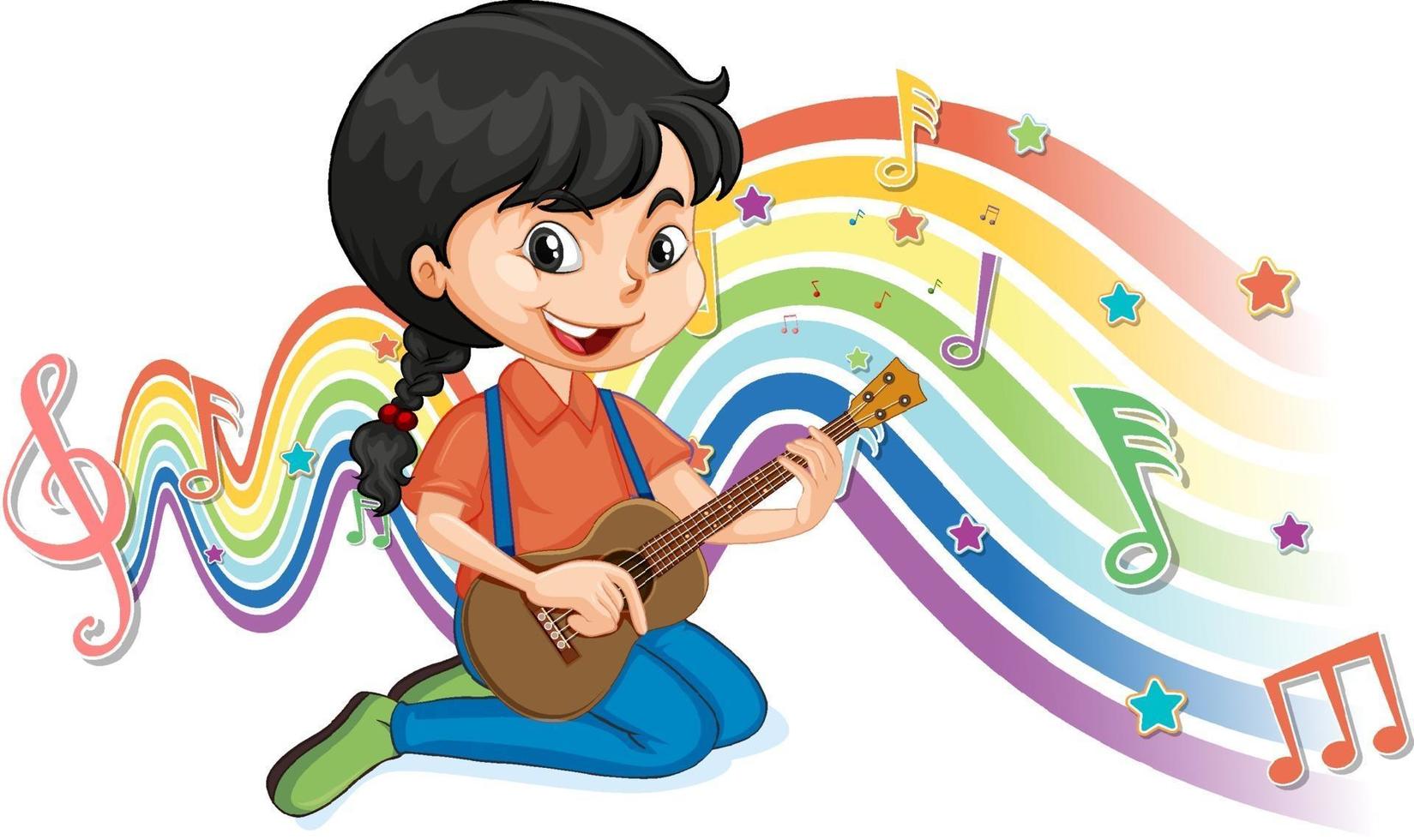 meisje dat gitaar speelt met melodiesymbolen op regenbooggolf vector