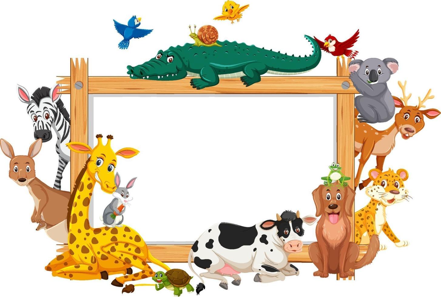 leeg houten frame met verschillende wilde dieren vector