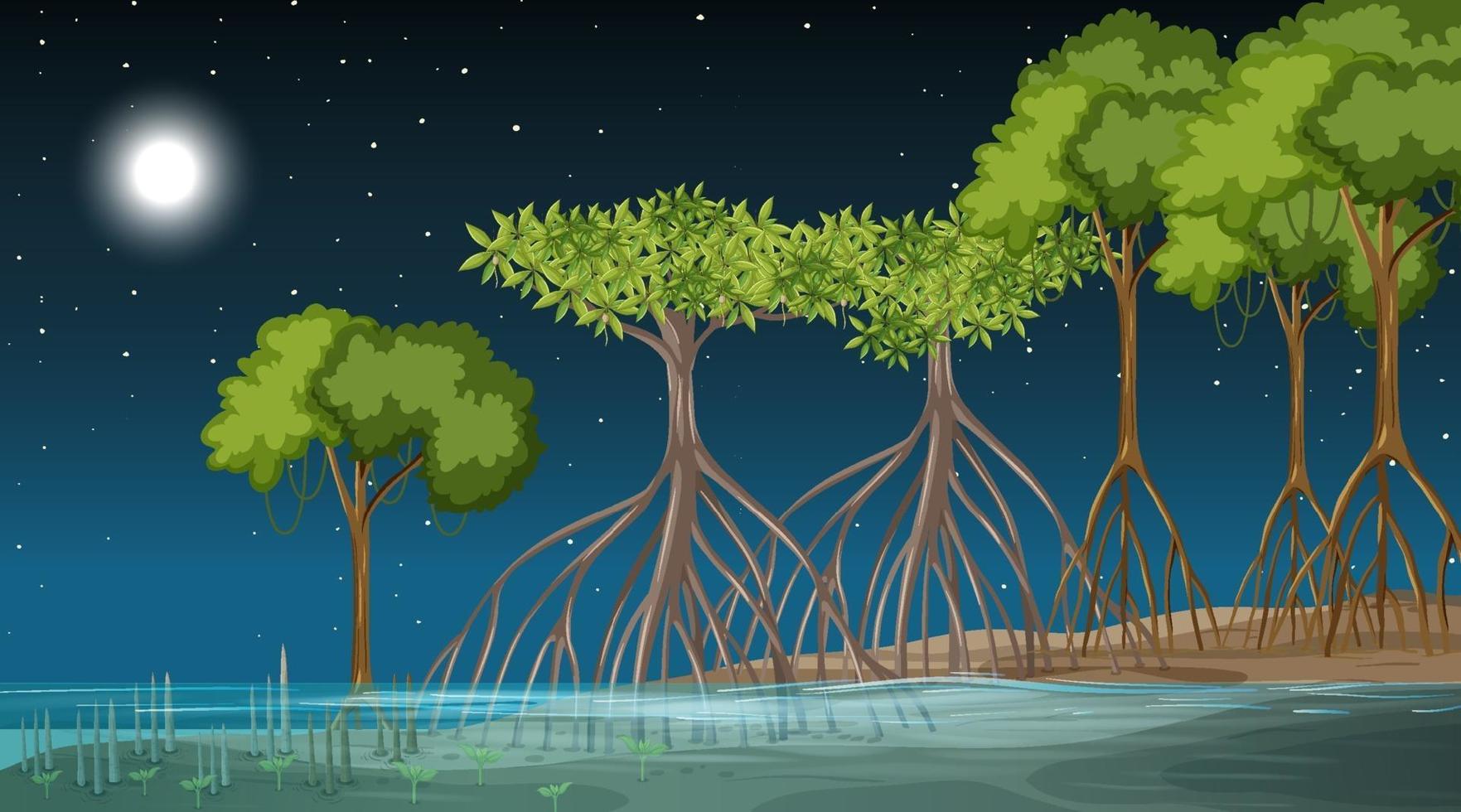 mangrovebos landschap scène 's nachts vector