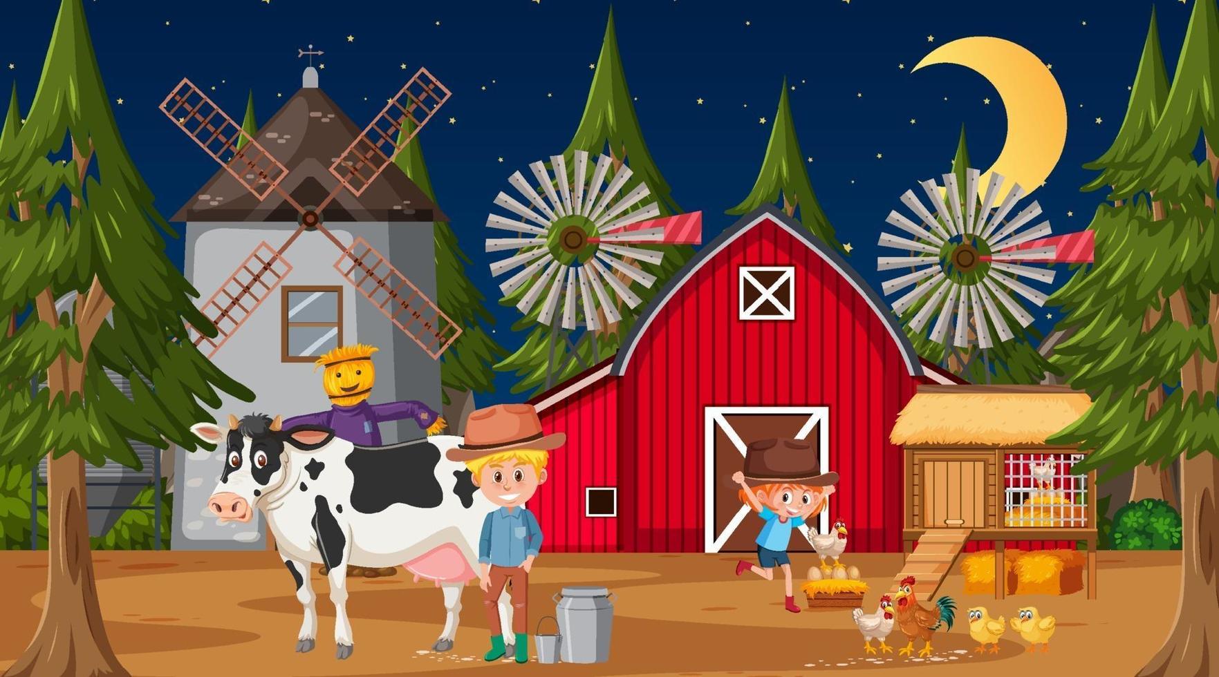boerderijscène 's nachts met veel kinderen en boerderijdieren vector