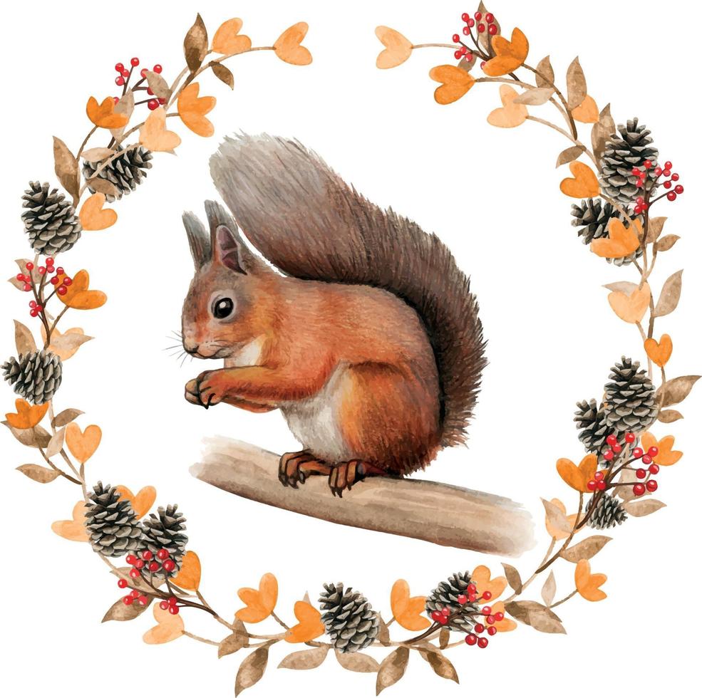 aquarel realistische rode eekhoorn in een herfstkrans vector