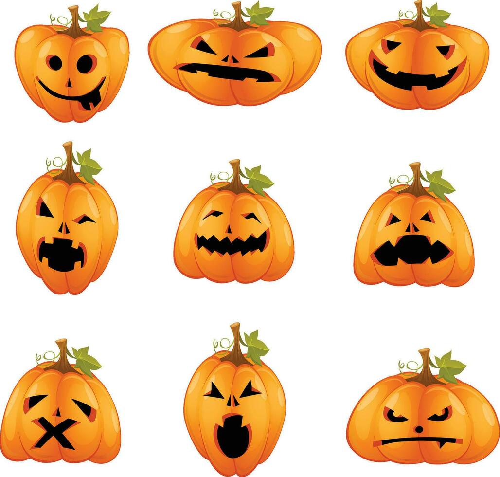 pompoenen met emotioneel gezichten voor halloween partij vrij vector