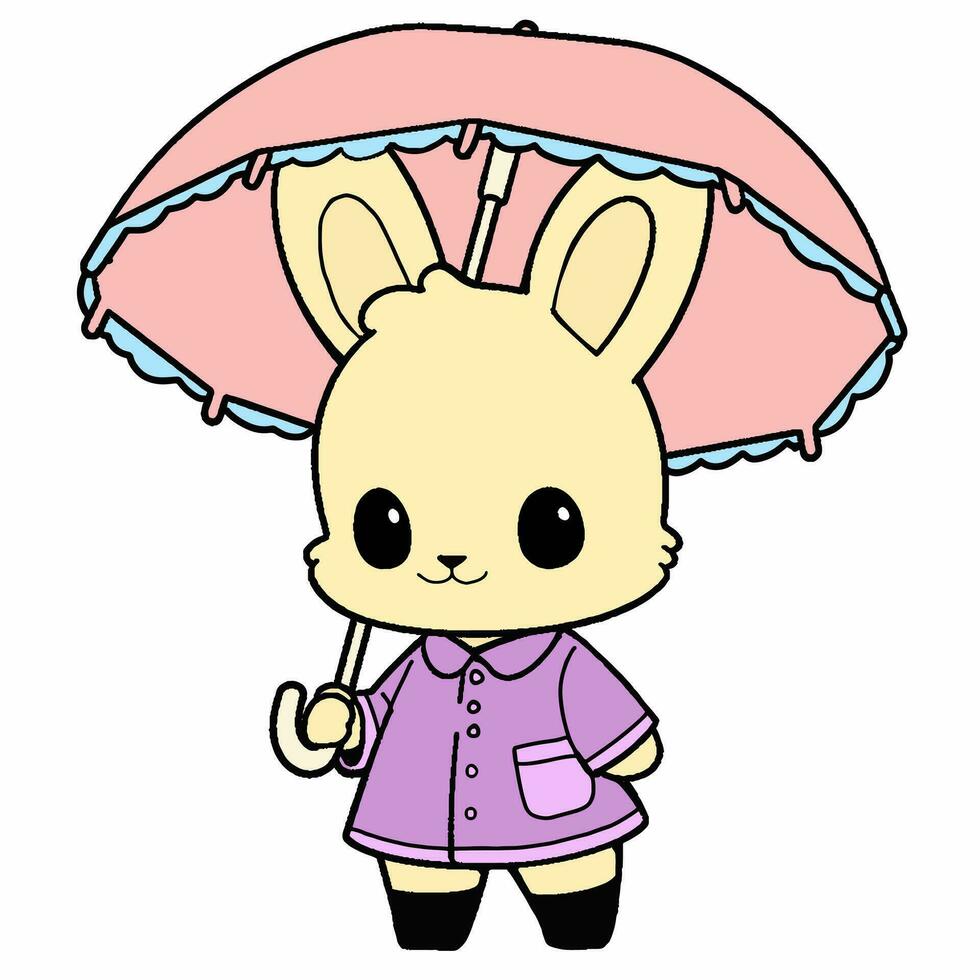 tekenfilm stijl konijn Holding een paraplu. hand- getrokken vector illustratie.