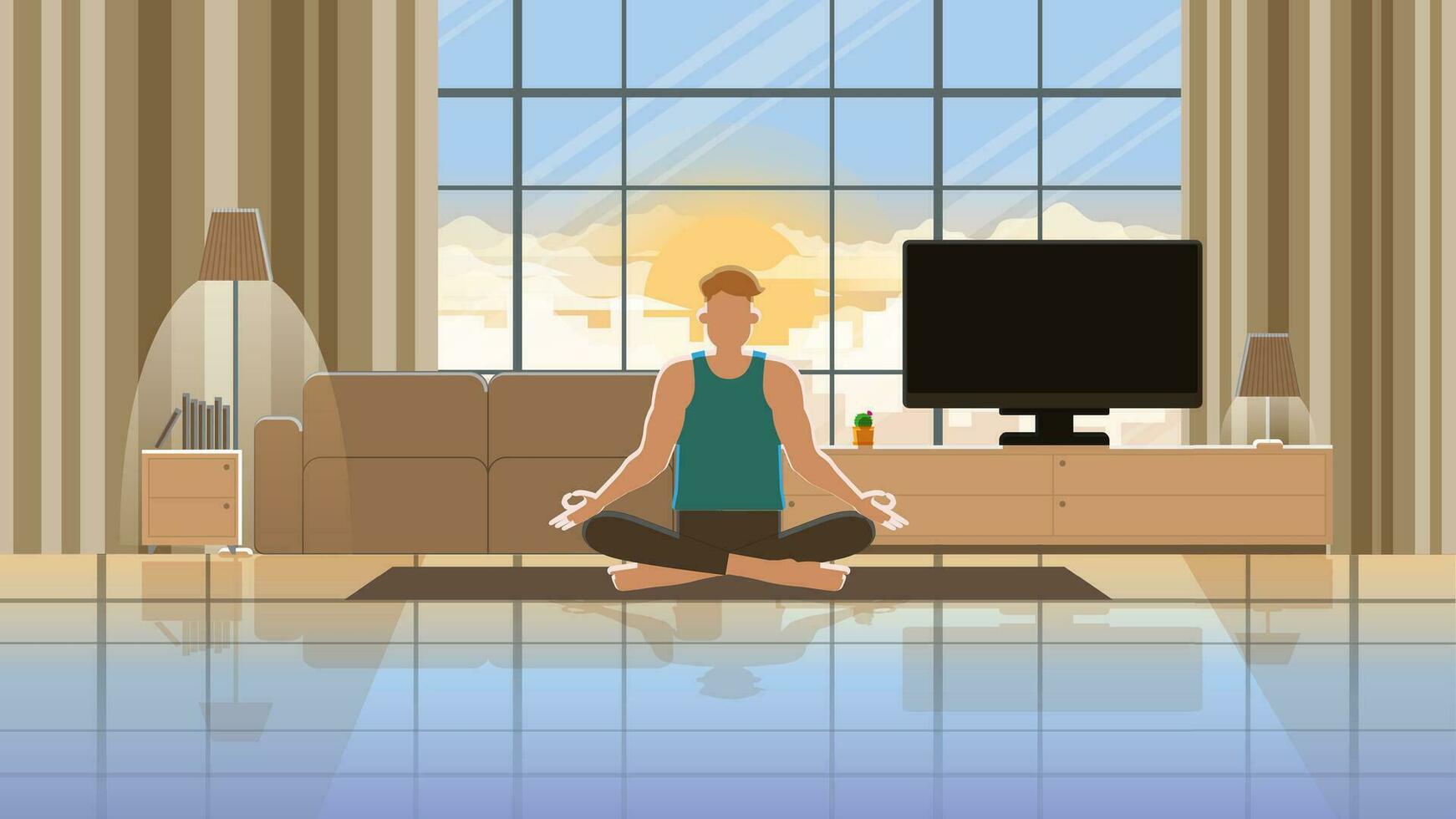 meditatie en ontspannende tijd Bij huis. Mens zit met zijn poten gekruiste Aan de verdieping en praktijk mediteren. vector