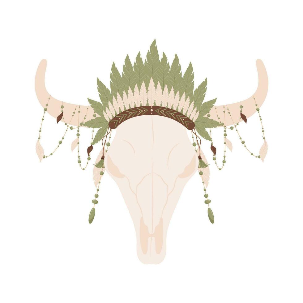 stier schedel met een kroon van veren en kralen in een boho stijl. schedel vector illustratie geïsoleerd Aan wit achtergrond.