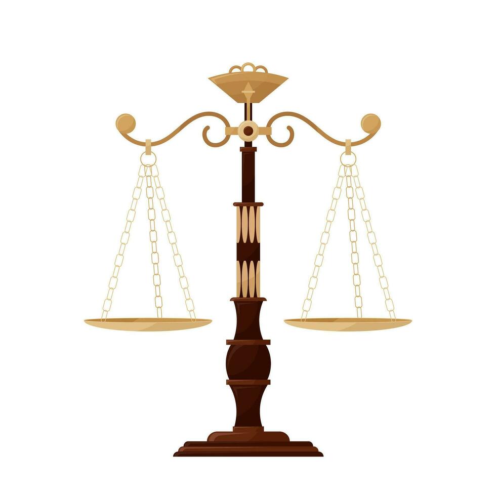 houten balans met gouden kommen. balans van gerechtigheid icoon. wet balans symbool. balans in vlak ontwerp vector