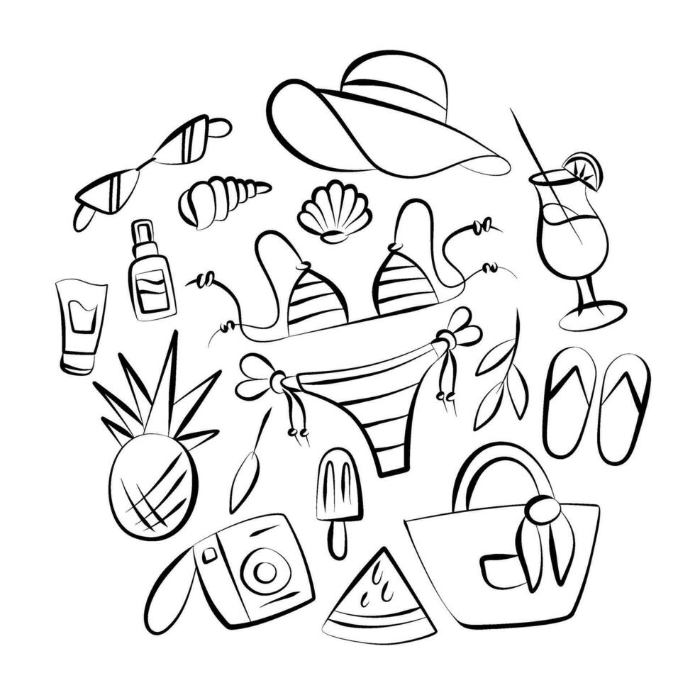 zomer items hand- getrokken. tekening reeks van illustraties geïsoleerd Aan wit achtergrond. strand vector