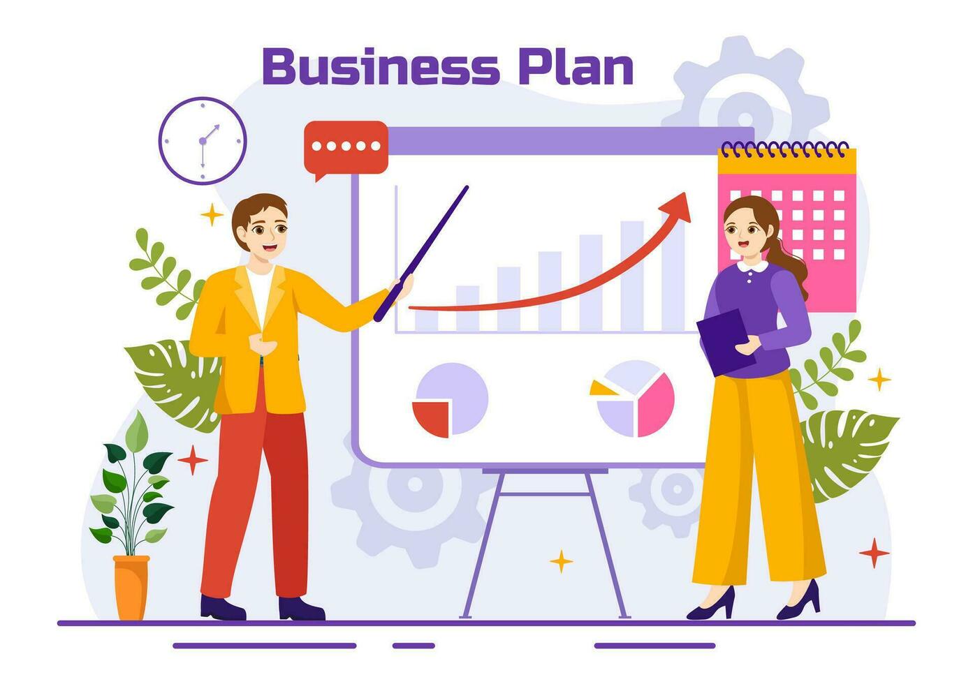 bedrijf plan vector illustratie met doelwit, planning, werkstroom, tijd beheer, statistisch en gegevens analyse in vlak tekenfilm achtergrond