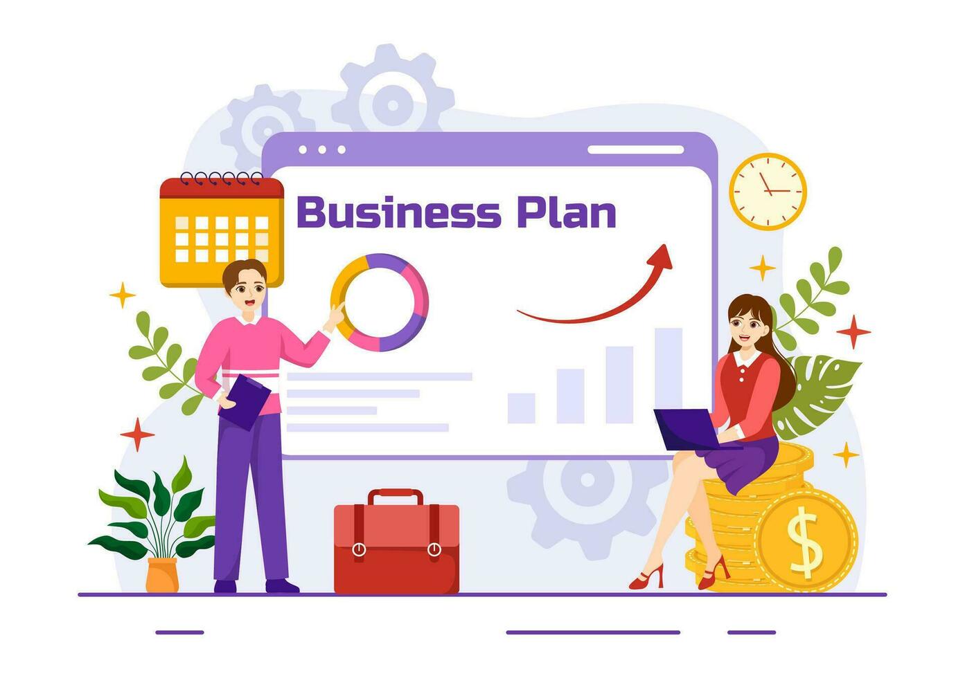 bedrijf plan vector illustratie met doelwit, planning, werkstroom, tijd beheer, statistisch en gegevens analyse in vlak tekenfilm achtergrond