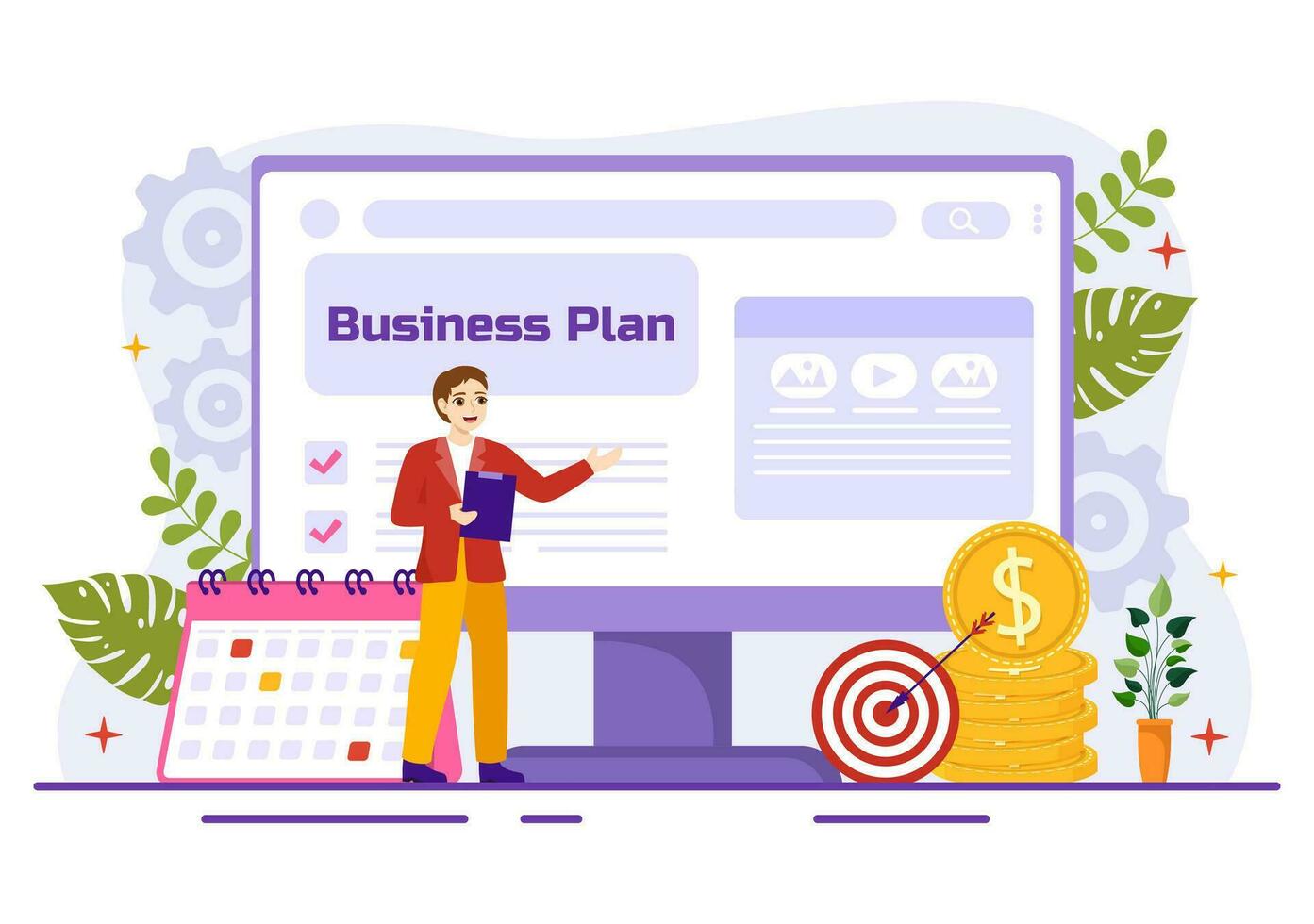 bedrijf plan vector illustratie met doelwit, planning, werkstroom, tijd beheer, statistisch en gegevens analyse in vlak tekenfilm achtergrond