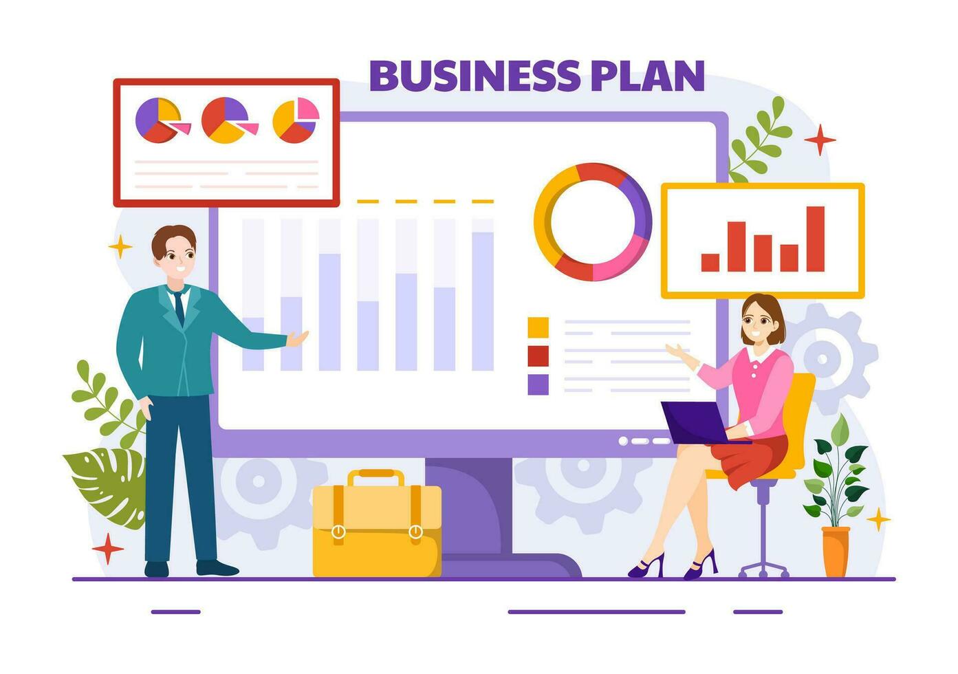 bedrijf plan vector illustratie met doelwit, planning, werkstroom, tijd beheer, statistisch en gegevens analyse in vlak tekenfilm achtergrond