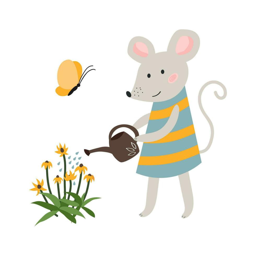 schattig vector muis gieter bloemen. zomer en voorjaar thema's. aanbiddelijk kinderen vector illustratie. wit geïsoleerd achtergrond.