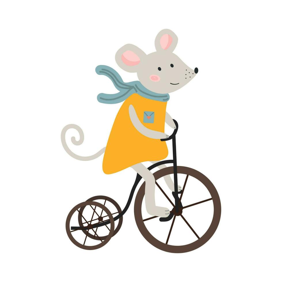 vector muis rijden een fiets. grijs tekenfilm muis in oranje jurk. schattig kinderen vector illustratie. wit geïsoleerd achtergrond.