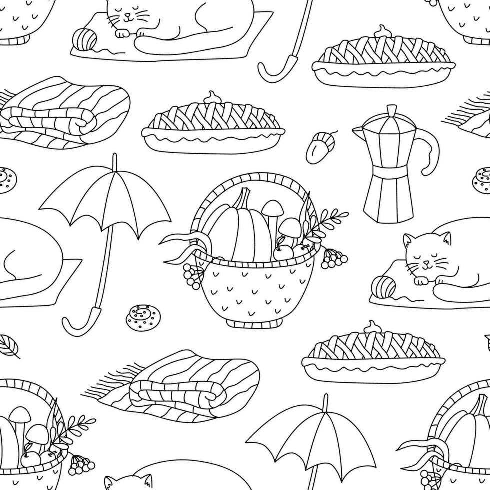 herfst naadloos patroon met rieten mand, appel taart, deken en slapen kat. knus vallen tekening vector hand- getrokken illustratie