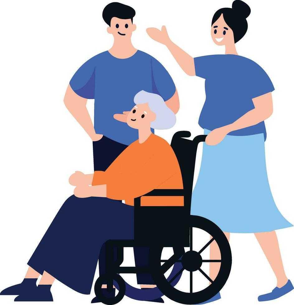 hand- getrokken ouderen persoon zittend in een rolstoel en kind in vlak stijl vector