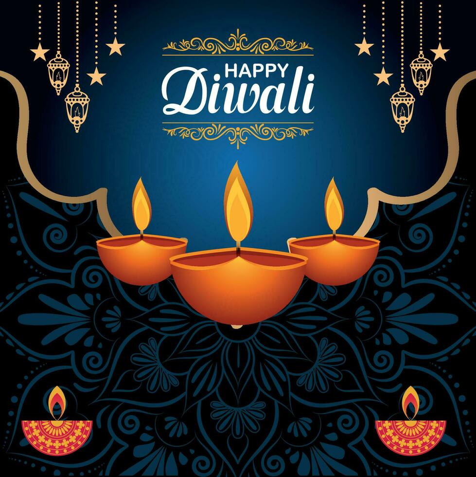 gelukkig diwali, festival van lichten, papier grafisch van Indisch rangoli, gouden lichten, kleurrijk decoratief achtergrond, blauw magenta achtergrond vector