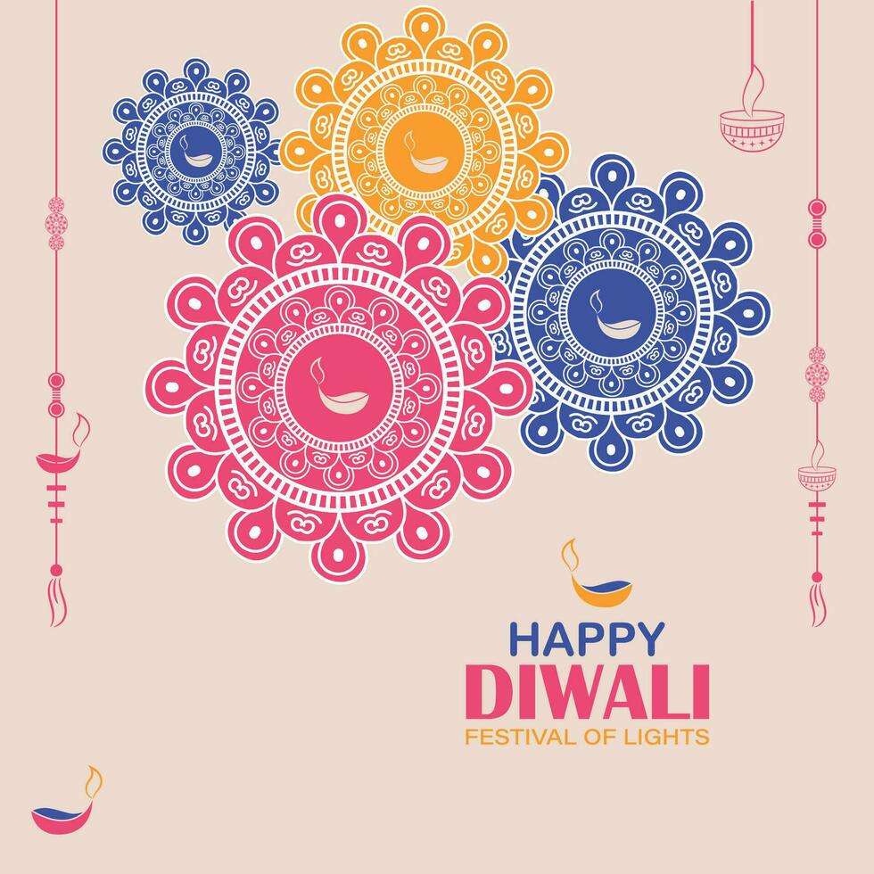 gelukkig diwali, festival van lichten, papier grafisch van Indisch rangoli, gouden lichten, kleurrijk decoratief achtergrond, blauw magenta achtergrond vector