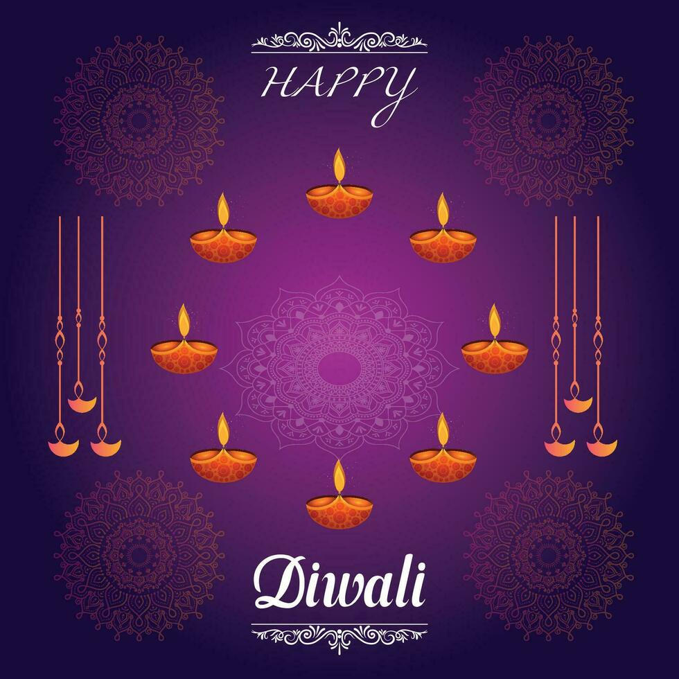 gelukkig diwali, festival van lichten, papier grafisch van Indisch rangoli, gouden lichten, kleurrijk decoratief achtergrond, blauw magenta achtergrond vector