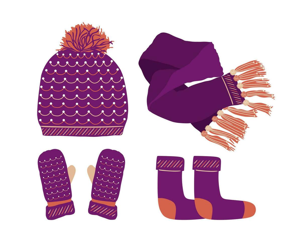 paars hoed met een POM Pom, sjaal, sokken en vuisthandschoen reeks gebreid seizoensgebonden winter traditioneel accessoires met ornament. vector