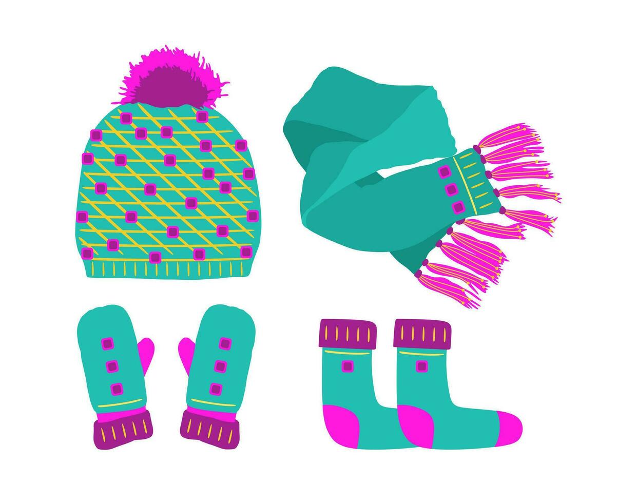 groen hoed met een POM Pom, sjaal, sokken en vuisthandschoen reeks gebreid seizoensgebonden winter traditioneel accessoires met ornament vector